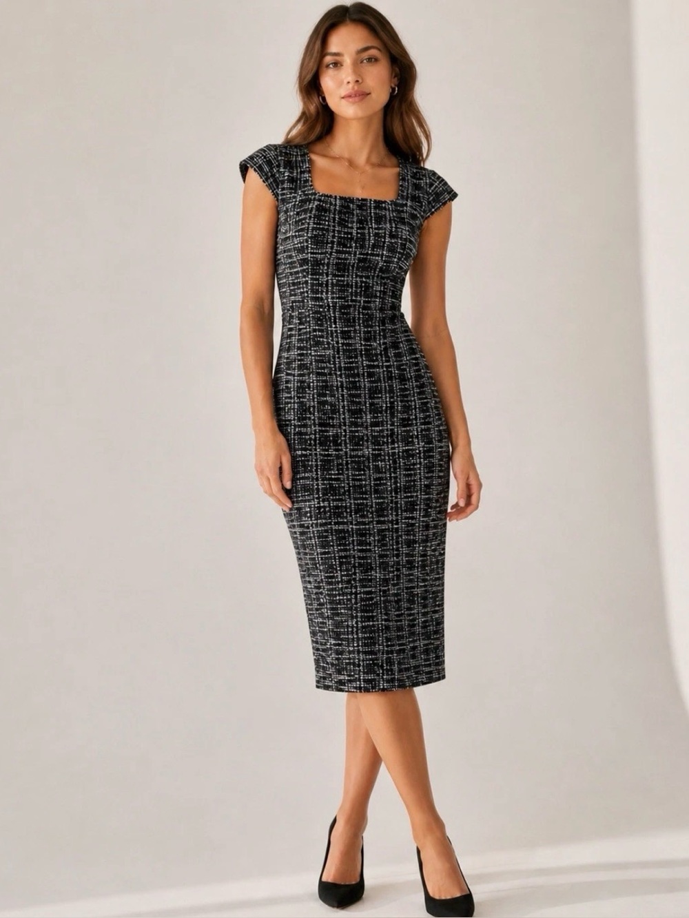 Jasambac Black Midi Pencil Dress Tweed Cap Sleeve Sheath Dress Size 6 NWT